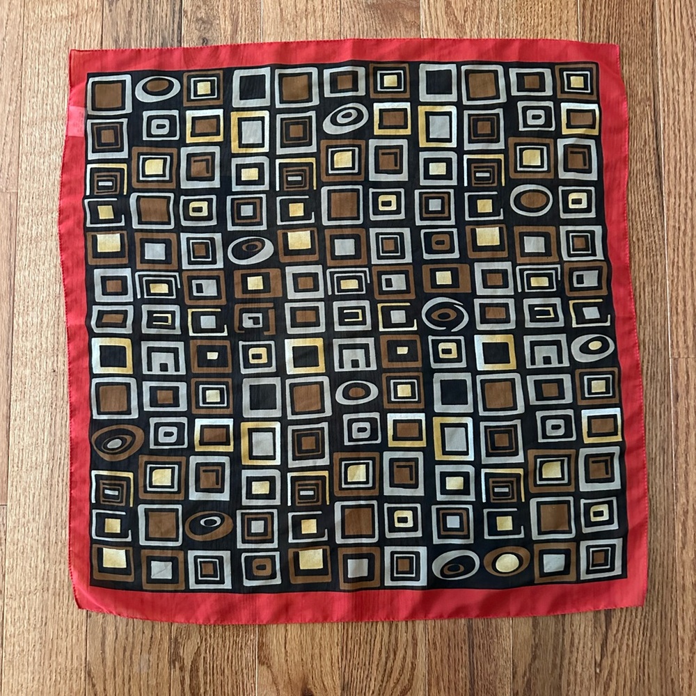 Vtg Italian Square Scarf with Multi-colored Geometric and Red Edging - Picture 9 of 14